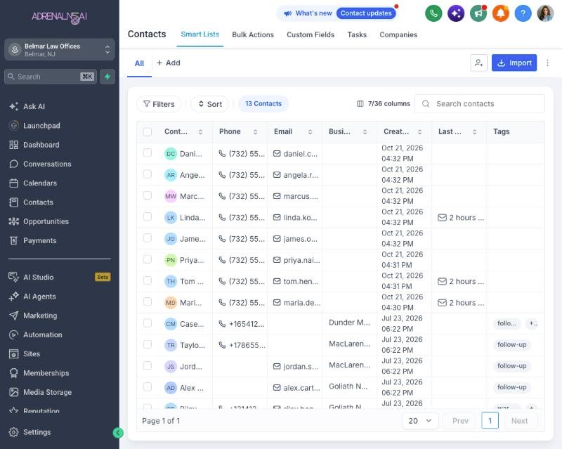 Contacts list with phone, email, business and last activity