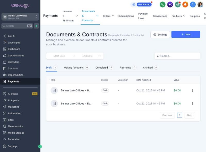 Documents and contracts list showing draft proposals