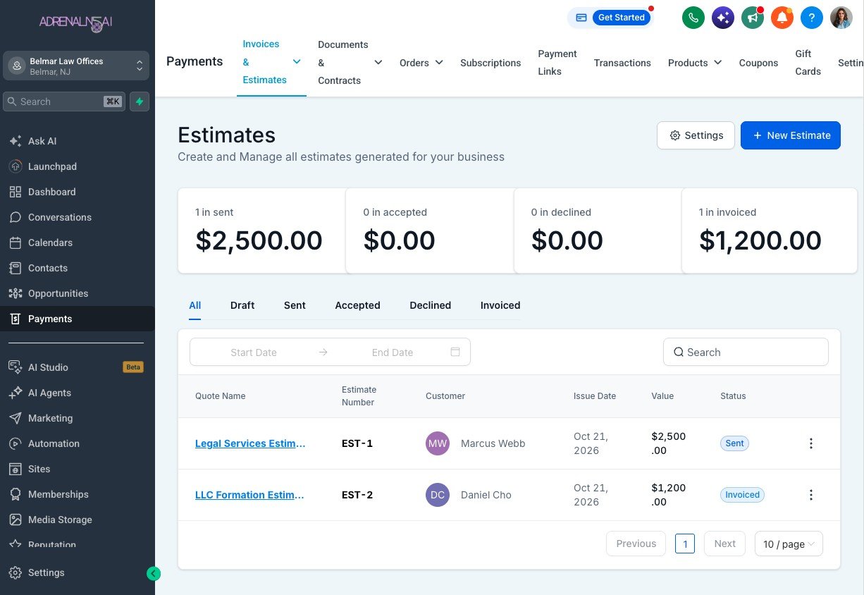 Estimates list showing sent and invoiced estimates
