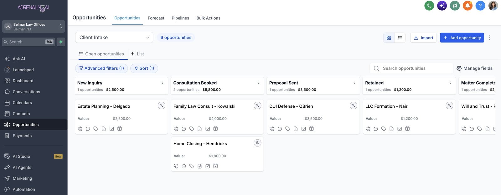 The ADRENALN5 app showing a sales pipeline with leads moving from New Inquiry to Consultation Booked, Proposal Sent and Retained