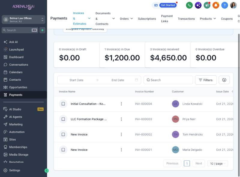 Invoice dashboard showing paid and outstanding invoices