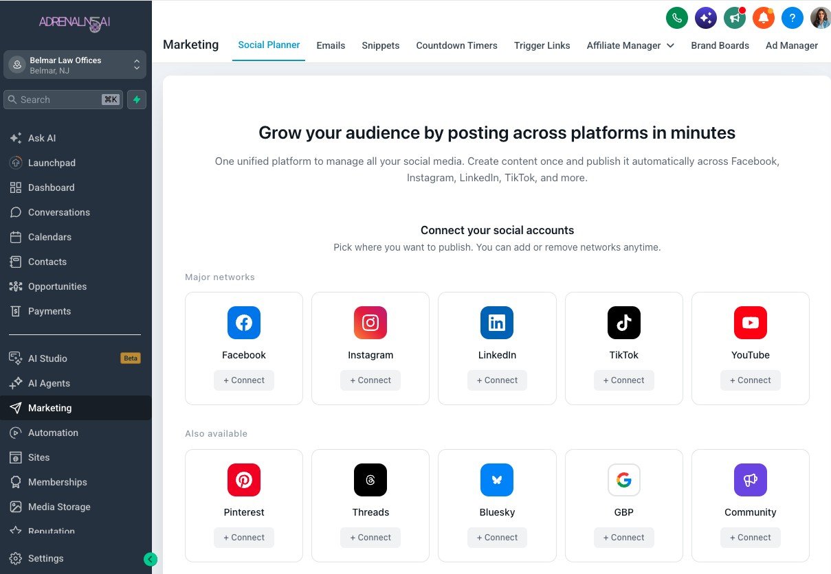 Social planner with connect buttons for major networks