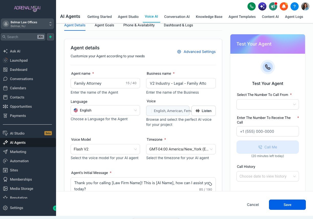 Voice AI agent setup with a test call panel